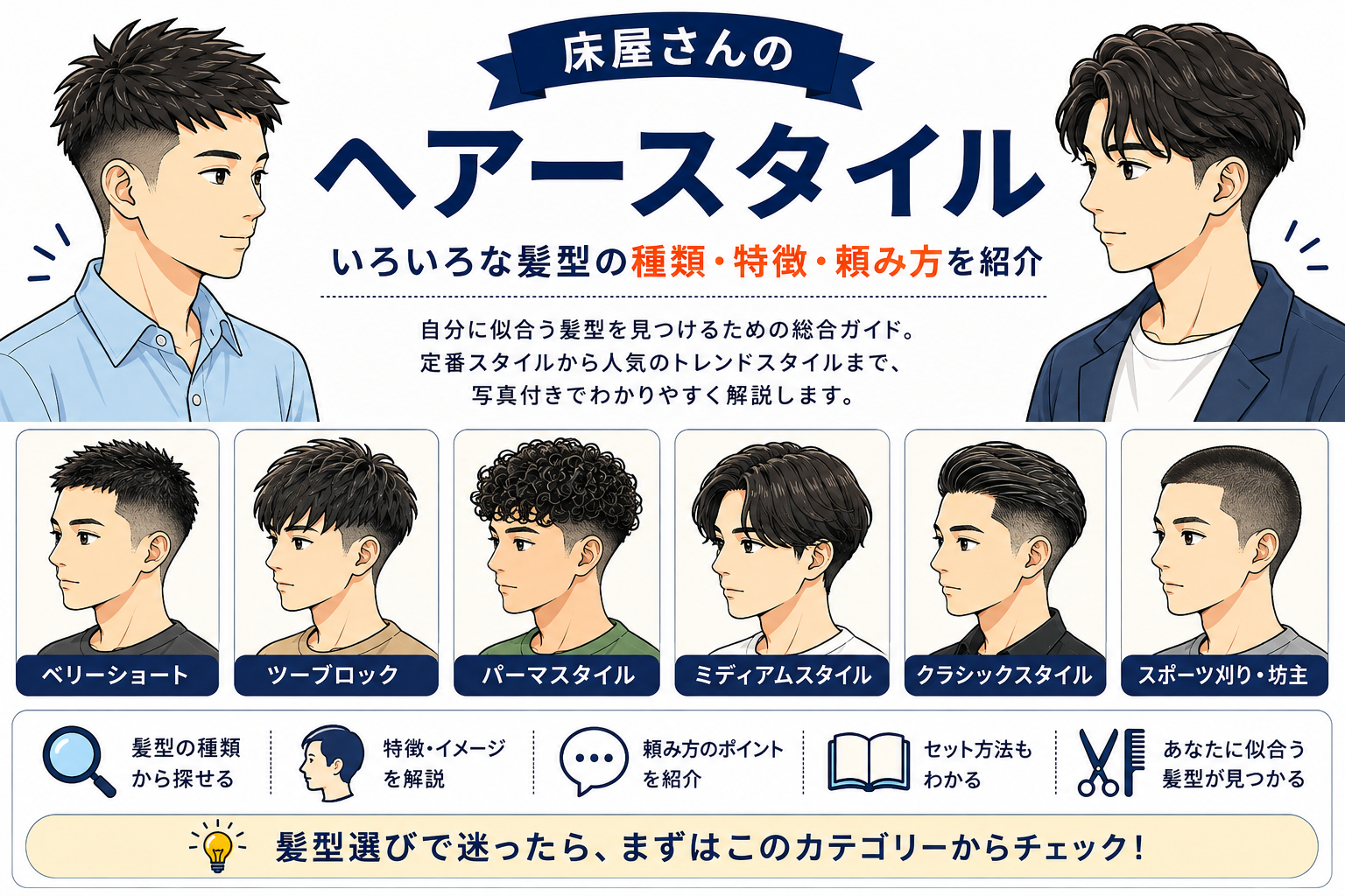 床屋さんのヘアースタイル｜いろいろな髪型の種類・特徴・頼み方を紹介